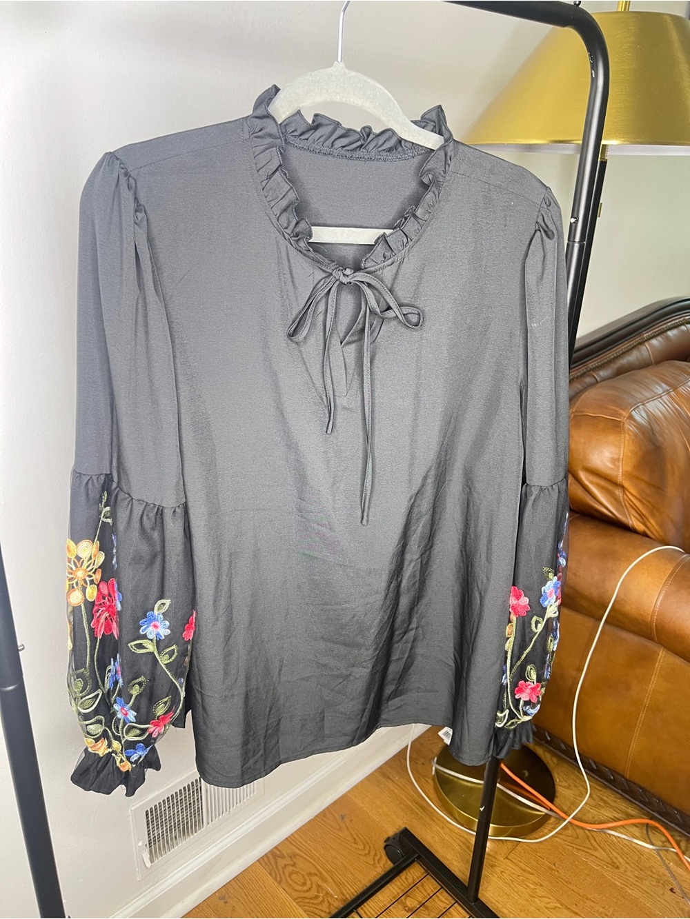 Black Floral-Embroidered Ruffle Tie-Neck Blouse